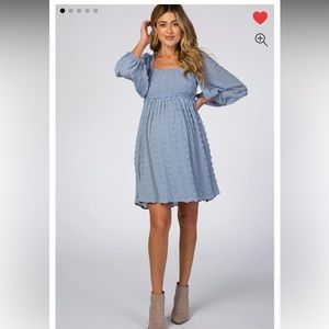 Pink Blush - Light Blue Textured Dot Smocked Square Neck Chiffon Maternity Dress